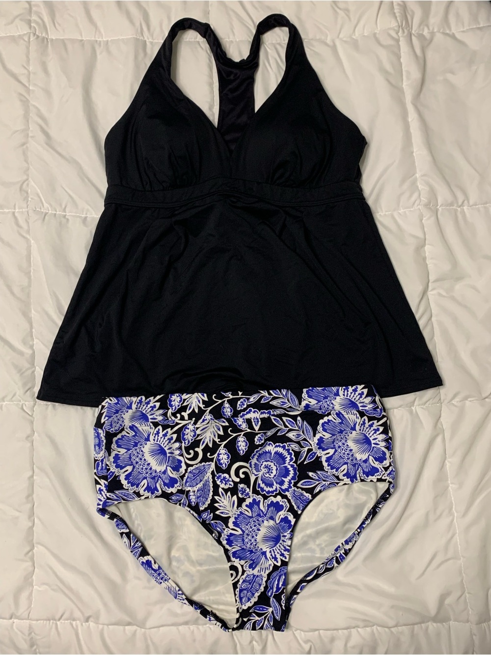 Lands End Black Tankini Swim Top with Blue Floral High-Waist Bottoms